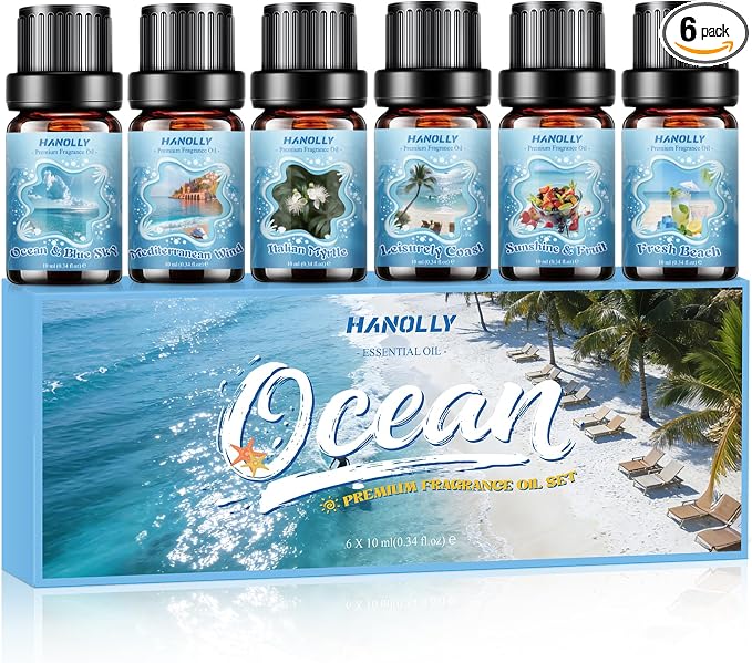 Ocean Essential Oils Set, Summer Essential Oils for Diffusers for Home, Beach Fragrance Oils for Candles & Soap Making, Scented Oils for Blue Sky, Wind, Coast, Sunshine & Fruit, Fresh Beach, Myrtle