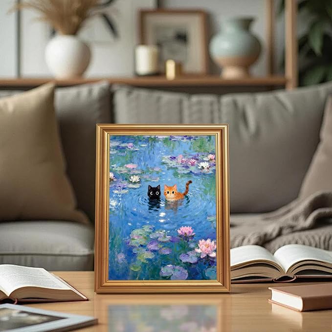 ICHZUMW Gold Framed Funny Cats Monet Water Lilies Canvas Wall Art, 8x10 In | Quirky Black and Orange Cats, Humorous Bathroom Wall Decor, Bedroom Restroom Powder Room, Fade Resistant, Ready to Hang