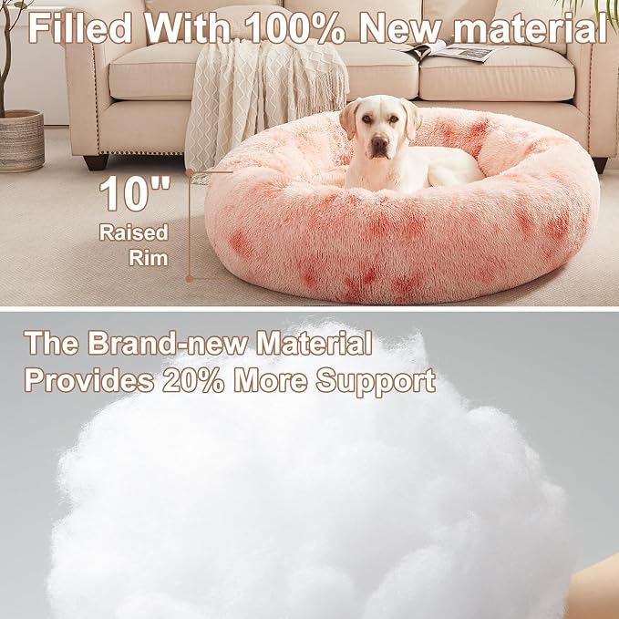 45 in Faux Fur Donut Dog Bed for Extra Large Dogs,Tie-dye Pink | Calming Plush Round Jumbo Fluffy Pet Bed with Removable & Washable Cover,Fits up to 120 lbs Pets