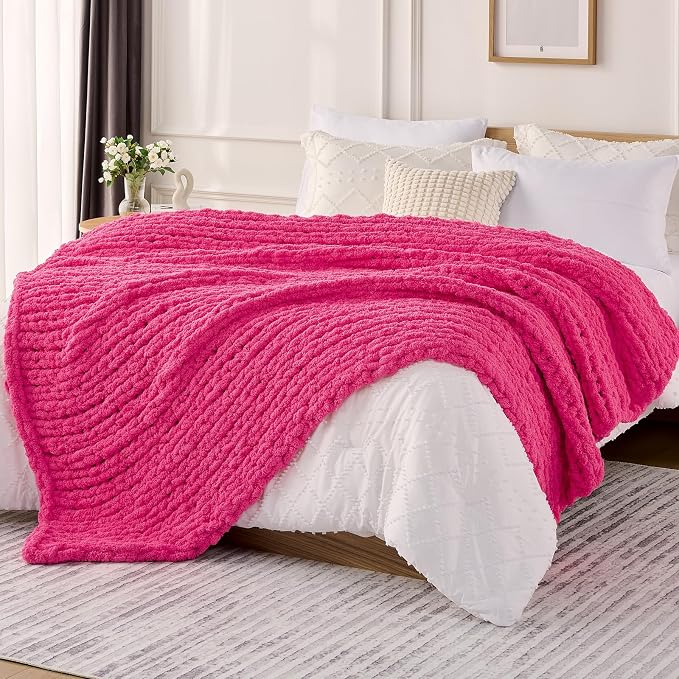 L'AGRATY Chunky Knit Throw Blanket for Couch, 50 x 60 Inches, Hot Pink | Handmade Chenille Crochet Blanket for Sofa Bed, Thick Cable Knitted Blankets for Room Home Decor, Birthday Gift for Women Mom