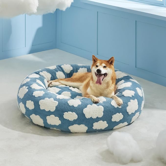 LE SURE Shown on TV Jacquard Donut Dog Beds Large Sized Dog,Blue 36x36x8in | Orthopedic Calming Pet Bed Sofa, Original Design Pattern,Washable Cover,Cute Home Decor as Gift for Pet,Anti Slip Bottom