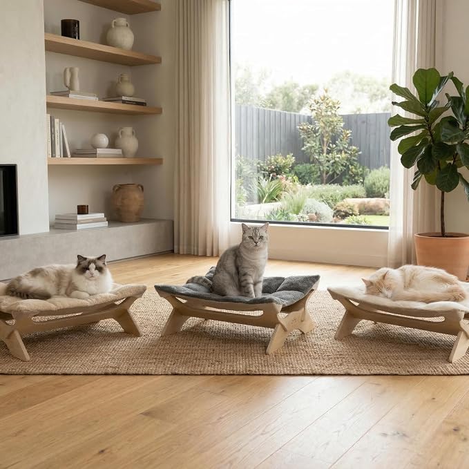 JSPYFITS Elevated Cat Bed Hammock, Raised Cat Bed with Dual-Sided Plush & Linen Cushion, Machine Washable & Breathable Cover Tool Free Easy Assembly, up to 66Lbs (Beige)