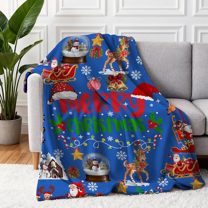 COMFAR Blue Cute Christmas Blankets and Throws for Adults/Women/Boys/Kids, Holiday Fleece Throw Blanket for Couch/Sofa, Holiday Decor, Christmas Decorations/Gifts 40"x 60"