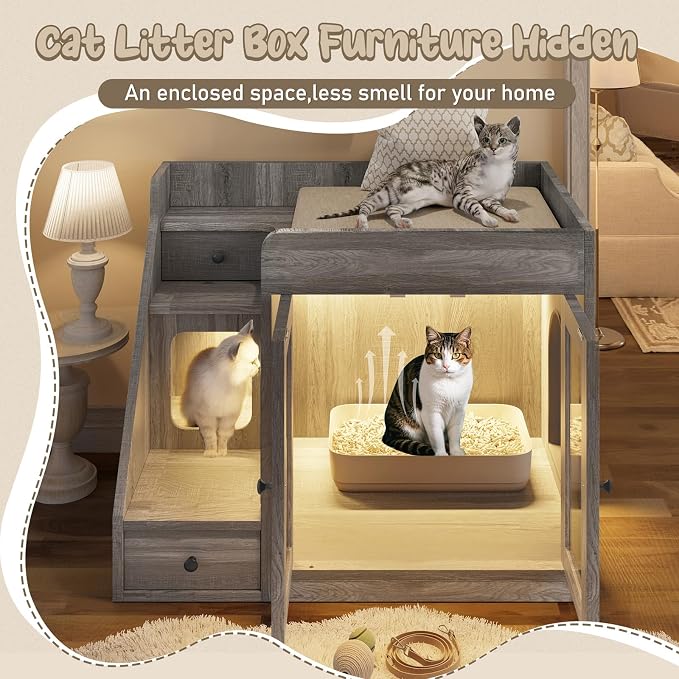 Cat Litter Box Enclosure with Light, Hidden Litter Box Furniture with 2 Storage Drawers & Smart Doors, Cat House Side Table for Living Room Entryway (Grey)