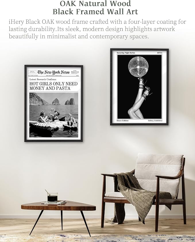 iHery 16x20in Disco Ball Framed 70s Retro Wall Art | Premium Black OAK Wood Frame with Canvas Print, Retro 70s Disco Decor for Bedroom, Bathroom, Dorm and Living Room, 1Pack