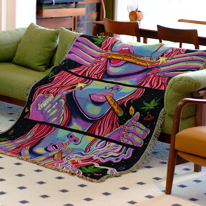 Trippy Throw Blanket for Couch Bed Lounge Chair Hippy Trippy Boho Chair Throw Blanket Hippie Hippy Wall Tapestry Woven Throws Blankets Smoking Weed Accessories Marijuana Cannabis Boho Room Decor 51x59
