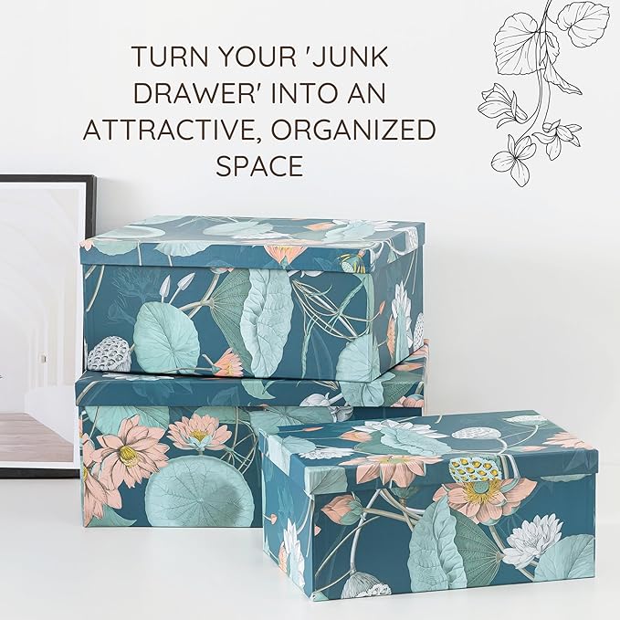 Soul & Lane - Enchanted Garden Decorative Storage Boxes with Lids, Set of 3 | Large Nesting Paperboard Storage Boxes for Keepsakes and Photos, Bold Dark Floral Containers for Home Decor