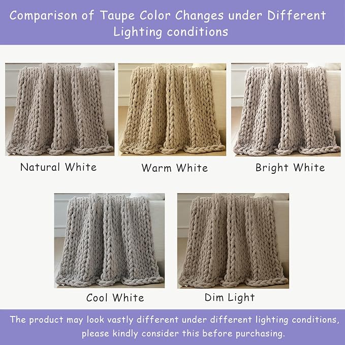 Bigacogo Chunky Knit Throw Blanket for Couch, 40x40 inches, Taupe | Hand Knit with Jumbo Chenille, Soft Breathable Cable Knit for Sofa Bed Living Room, Machine Washable, Gift for Mom Friend