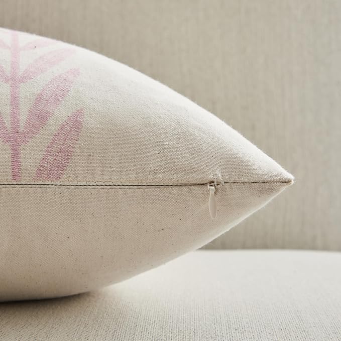 Farmhouse Leaves Throw Pillow Covers Set of 2, 16x16in Mixed Pink | 100% Organic Cotton, Rustic Accent Print Pillow Case, Pastoral Decorative Cushion Covers for Sofa Bed Living Room Home Decor