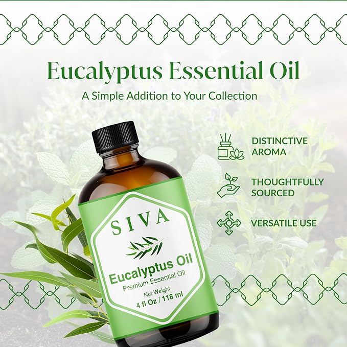 Siva Eucalyptus Essential Oil 4 Fl Oz – for Diffuser, Skin & Hair Care – Ideal for Aroma, Massage & DIY Blends- with Dropper
