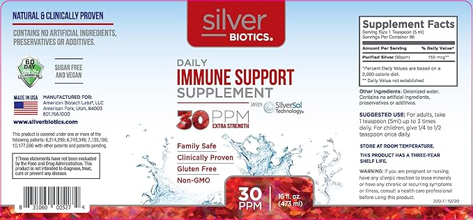 Silver Biotics 30 PPM Extra Strength Daily Immune Support Supplement with Patented Multivalent Silversol Technology | The Perfect Daily Defense Boost for Your Immune System | 16 Fl Oz