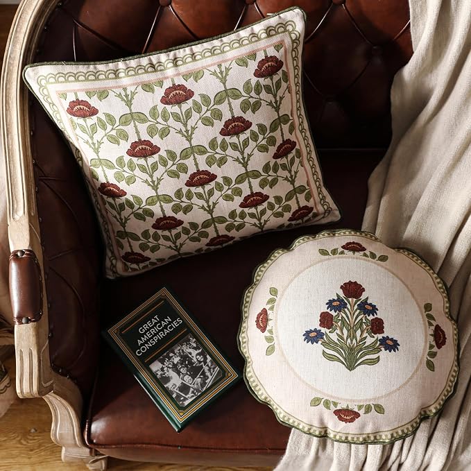 Elegant French Linen Throw Pillow Cover,Set of 2,18"x18"-Estonia D | Designer Vintage Square Pillow Cover,Concealed Zipper Design,Floral Pattern,Sofas,Bedroom,Living Room,Lounge Chairs