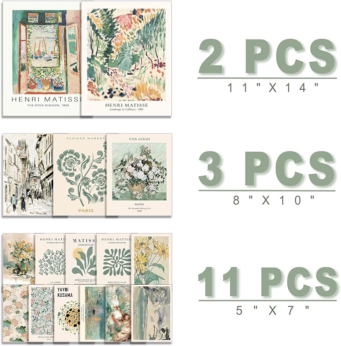 16 PCS Sage Green Wall Art Decor, Matisse Wall Prints for Bedroom, Abstract Posters for Room Aesthetic, Wall Collage Kit Pictures for Living Room, Eclectic Boho Vintage Dorm Gallery Home Decor