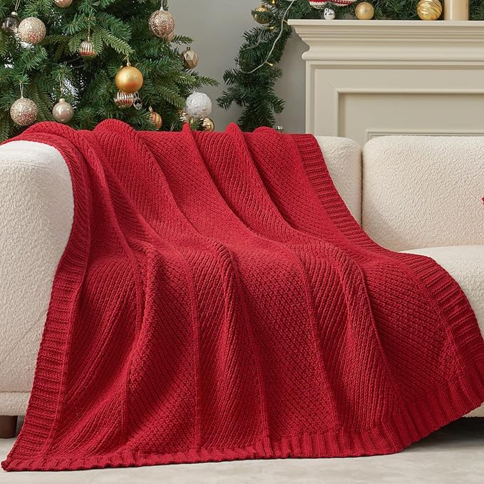 Knit Throw Blanket, Soft Chenille Cozy Breathable Chevron Chunky Decorative Blanket for Couch, Bed & Sofa, French-Inspired Lightweight Warm Gift for Women, Christmas Red, 50"x60"
