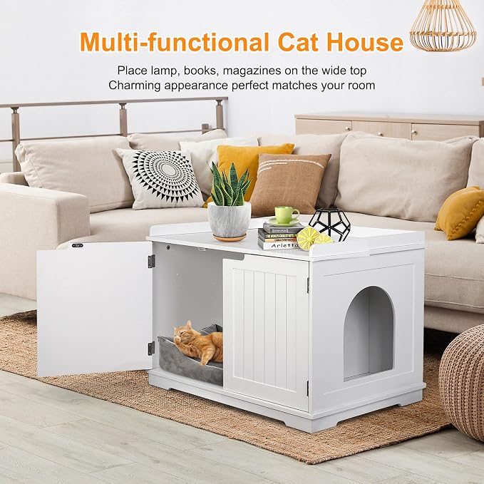 Pet Republic Hidden Cat Litter Box Enclosure Cat Litter Box Furniture Washroom House Table Nightstand (White)