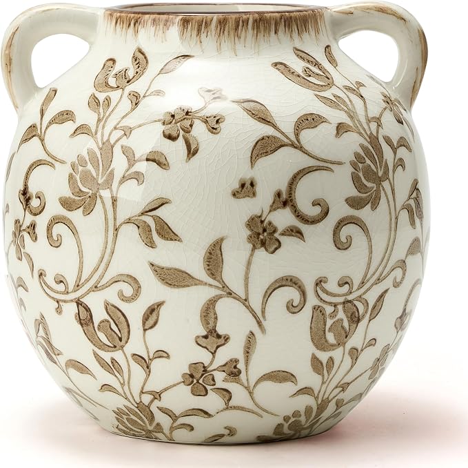 Brown Vintage Antique Vase, 5.6 Inch All Seasons Chinoiserie Floral Vase, Rustic Ceramic Vase for Home Decor, Living Room, Bookshelf, Office, Entryway, Garden, Chinoiserie Decor, Tuscan Decor