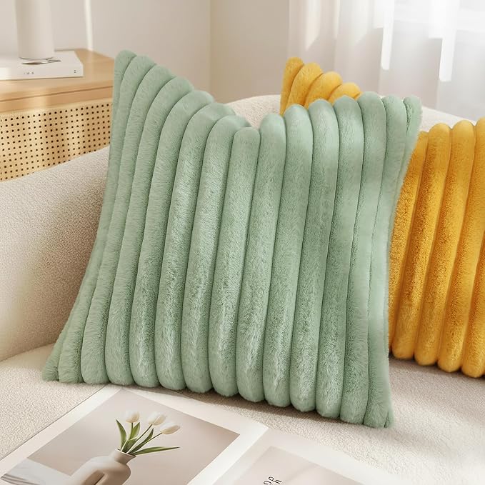decorUhome Fall Faux Fur Throw Pillow Covers 24x24 Set of 2 Sage Green | Decorative Soft Cozy Striped Plush Modern Farmhouse Boho Couch Pillow Cases Velvet Back for Sofa Bed Living Room Home Decor