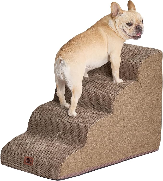 EHEYCIGA Curved Dog Stairs Ramp, 4-Step High Beds, 19.7" H Pet Step | 33D density of pure foam, for Small Dogs and Cats, Pet Stairs for High Bed Climbing, Non-Slip Balanced Indoor, Camel