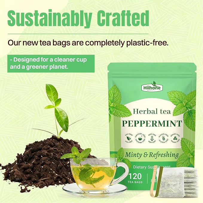 Hiihone Peppermint Tea Bags 120 Count – Pure Peppermint Mint Tea, Caffeine-Free Herbal Tea, Cooling & Refreshing, Non-GMO, Soothing, Supports Digestion & Fresh Breath, Hot or Iced