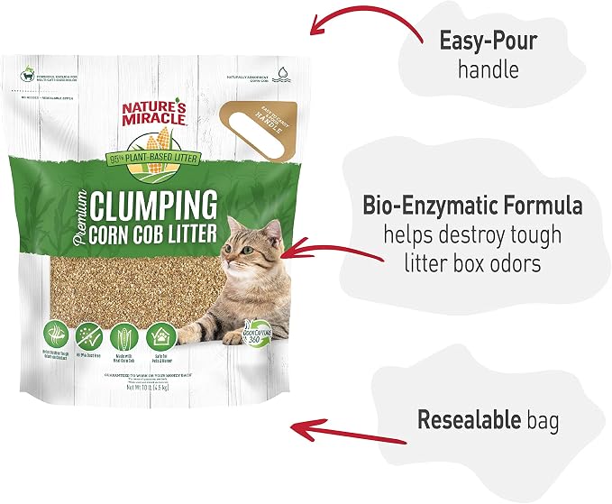 Nature's Miracle Premium Clumping Corn Cob Cat Litter, 10 lbs | Bio-Enzymatic Formula Detroys Tough Odors, 99.9% Dust Free, Premium Clumping Formula Aborbs Liquid, Resealable Bag