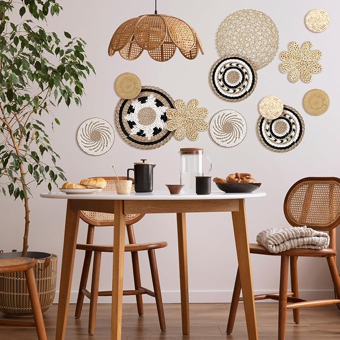 Glenmal 13 Pcs Boho Wall Basket Decor Set Woven Rattan Seagrass,Bohemian | Handmade Flat Baskets for Bedroom Living Room Office, Wicker Bamboo Seagrass Hanging Art, Farmhouse Gallery Ready to Hang