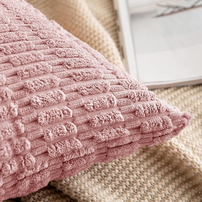 MIULEE Corduroy Decorative Throw Pillow Covers 20x20 Blush Pink Pack of 2 | Soft Boho Striped Pillow Covers Modern Farmhouse Home Decor For Sofa Living Room Couch Bed