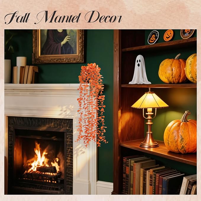 Der Rose 1Pcs Fake Fall Plants Hanging Orange Artificial Potted Faux Eucalyptus Plant Decorations for Fall Thanksgiving Bathroom Table Centerpiece Wall Kitchen Room Decor Indoor and Outdoor