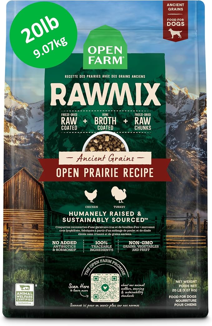 Open Farm RawMix Ancient Grains Dry Dog Food, Open Prairie Kibble, 20lb Bag | Humanely-Raised Chicken and Turkey, Freeze Dried Raw Chunks, 100% Traceable Ingredients, Non-GMO Fruits & Veggies.