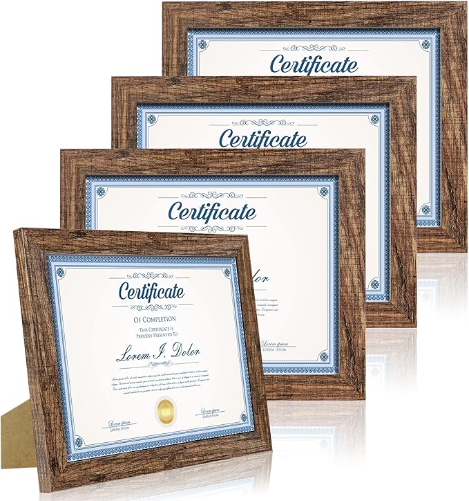 Hongkee 8.5 x 11 Picture Frame Set of 4, Made of Real Glass and Brown Certificate & Diploma Frame, 8.5 by 11 Photo for Wall or Tabletop - Display Picture 6x8 with Mat or 8.5x11 Without Mat