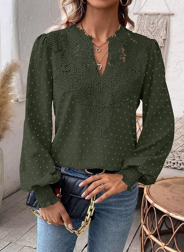 Womens Tops Swiss Dot Boho Long Sleeve Shirts V Neck Casual Chiffon Blouses Flowy Lace Hem Cute Clothing Trendy 2026