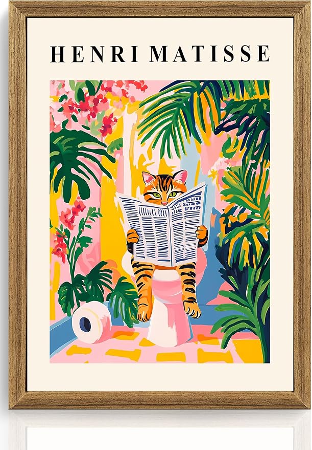 ICHZUMW Framed Funny Tabby Cat Matisse Canvas Bathroom Wall Art, 12x16 In | Humorous Cat Reading on Toilet, Girly Pink Dopamine Bathroom Wall Decor, Restroom Powder Room, Fade Resistant, Ready to Hang