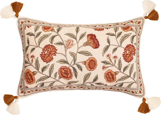 French Elegant Linen Rectangle Throw Pillow Cover,20"x12"-Albano A | Designer Vintage Pillow Cover,Concealed Zipper Design,Orange Floral Pattern,Sofa,Bedroom,Living Room,Lounge Chairs