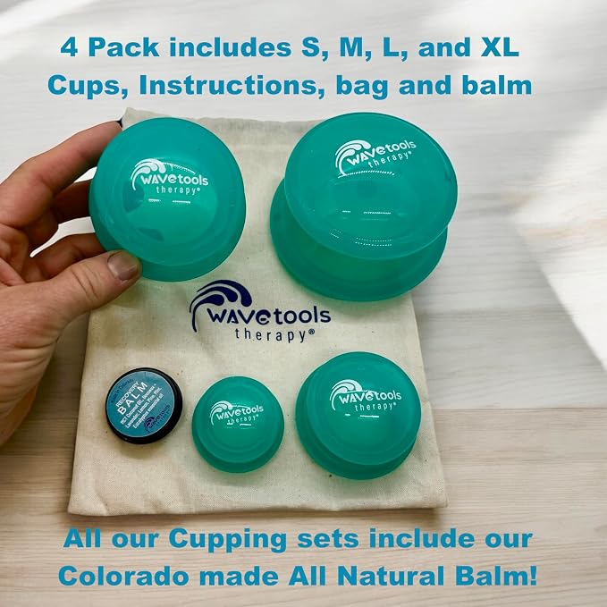 Easy Glide professional Silicone Sport Cupping set with 4 translucent teal silicone cups in cotton bag with 1/3 oz natural Balm. For massage, myofascial release, athletic recovery, cellulite and scars