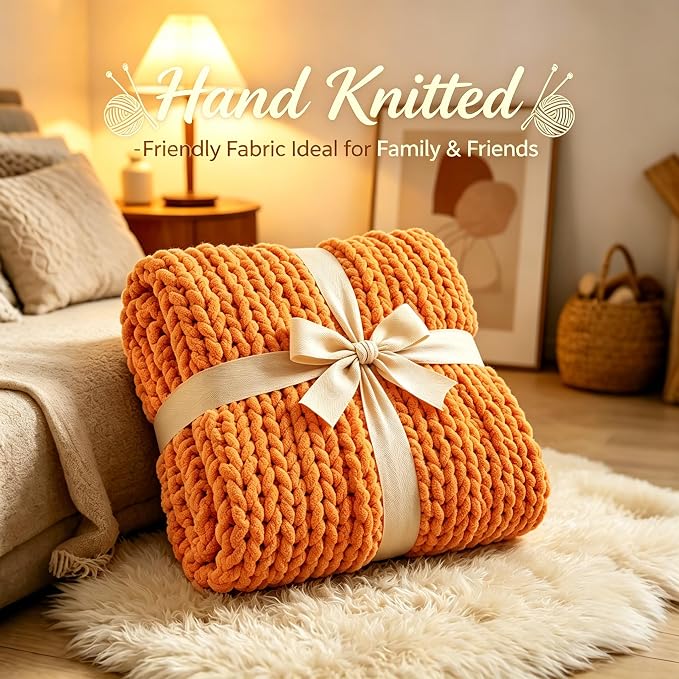 Chunky Knit Blanket Throw for Couch, 51"x63" Chunky Yarn Knitted Blankets | 100% Hand Knit Thick Chenille, Soft Breathable for Bed, Sofa, Home Decor, Cozy Gifts for Women Friends, Orange