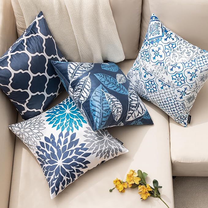 Phantoscope Set of 4 New Living Series Velvet Pillows Leaf Geometric Throw Decorative Velvet Pillow Cover Cushion Cover, Dark Blue 18 x 18 inches 45 x 45 cm