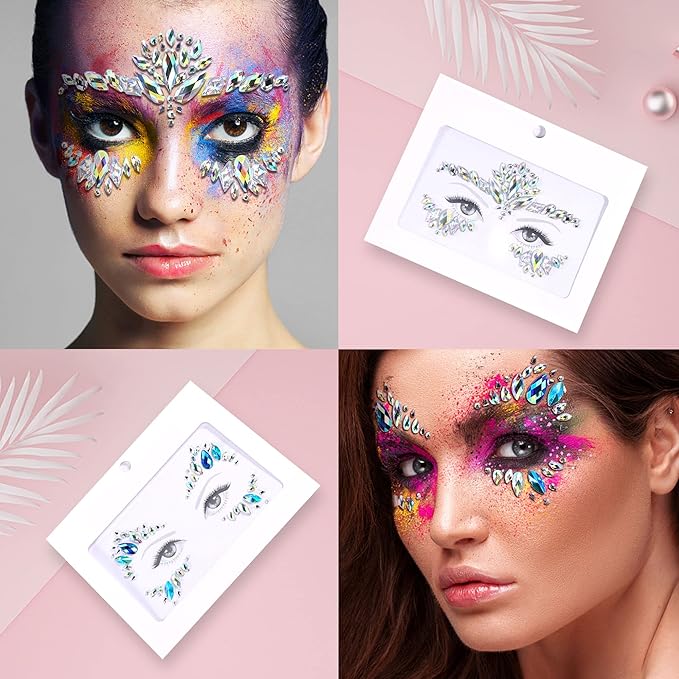 SAOROPEB Face Gems - 6 Sets Mermaid Face Jewels Temporary Tattoo Stickers Acrylic Crystal Glitter Stickers Waterproof Eye Gems Stick On Rainbow Tears Rhinestone for Party, Rave Festival