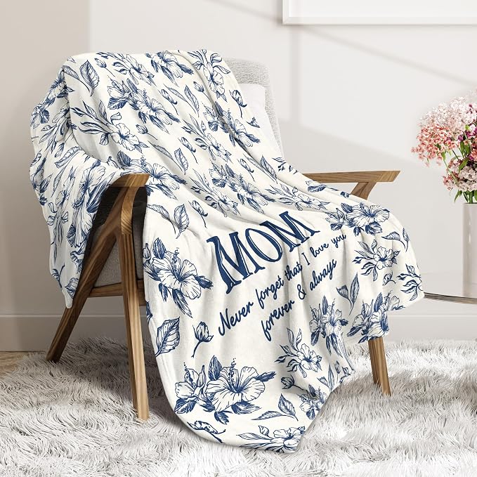 Gifts for Mom, Mom Birthday Gifts from Daughter Son, To My Mom Blanket | I Love You Mom Gifts for Birthday, Christmas, Mothers Day, Blanket for Mom with Hibiscus Flowers Print, 80" x 60", Blue