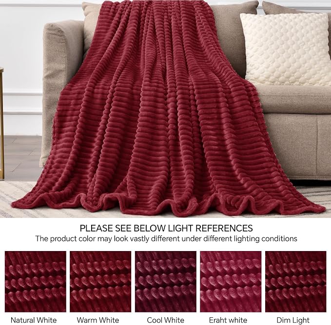 BEDELITE 3D Ribbed Burgundy Fleece Throw Blanket for Couch, 50x60 Inch | Soft Warm Decorative Fluffy Blanket, Cozy Plush Lightweight Fuzzy Throw Blanket for Bed Sofa Home Room Decor, Gift for Women