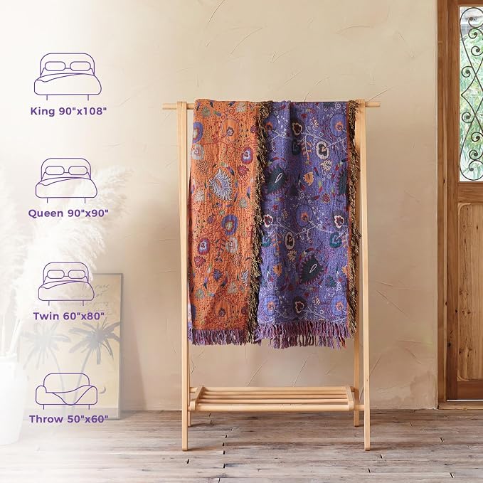 LUTBM Boho Throw Blanket for Bed 60"x80", 100% Cotton Purple Couch Blankets | Reversible Floral Embroidery, All-Season Soft Quilt, For Chair Sofa Living Room, Lightweight Breathable Gauze, Home Decor