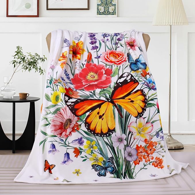Floral Blanket Ultra Soft Butterfly Flowers Throw Blankets Wildflower Leaves Flannel Fleece Throw Watercolor Warm Cozy Fuzzy Plus Gift Cabin Blanket for Bed Sofa, 50" X 60"