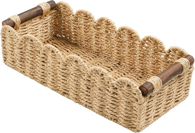 Bathroom Decor Basket for Toilet Paper Storage Baskets For Organizing | For Bedroom Living Room Kitchen Home Decor Scalloped Cute Basekt With Handle for Apartment Countertop,Beige