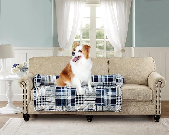 Brilliant Sunshine Blue Plaids & Stripes Dog Sofa Slipcover, Extra Large | Calming Pet Couch Bed with Removable & Washable Cover, Funiture Protector & Bed Mat for Dogs, Pets, Cats, 54"×32"×8"