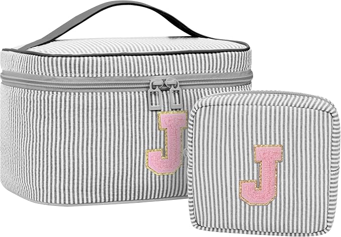 MONSTINA Initial Makeup Bag with Brush Holder and Divider,Birthday Gifts for 4 5 6 7 8 9 10 11 12 Year Old Girls, Personalized Preppy Cosmetic Bag |Cute Toiletry Bag,2PCS,Black J