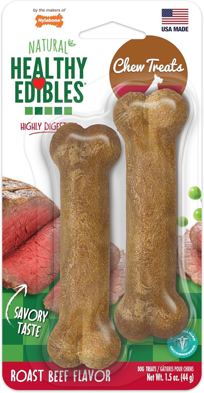 Nylabone Healthy Edibles Dog Treats, Roast Beef Flavor, X-Small, 2 Count | Natural dog chews, made in USA, highly digestible, vet recommended, long lasting chews for small dogs up to 15 lbs