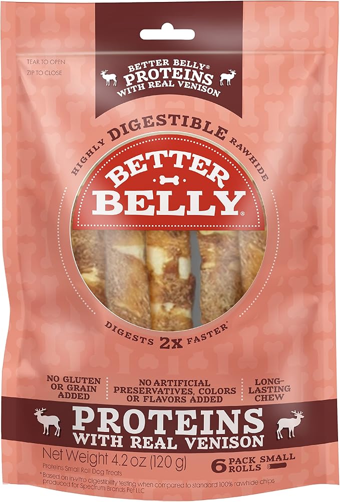 Better Belly Proteins Roll Highly Digestible Dog Treats, 6 Count | With Real Venison, Long-Lasting Digestible Chew, No Grain Added, No Artificial Colors Or Flavors, For Adult Dogs