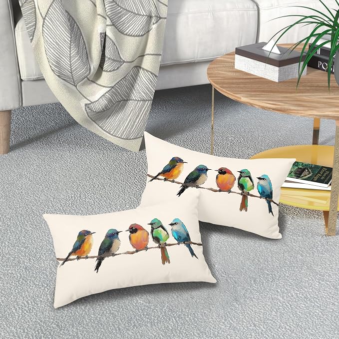 Oil Painting Bird Lumbar Lumbar Pillow Covers 12x20 Inch Set of 2 Rustic Spring Summer Cute Bird Throw Pillow Cases Outdoor Linen Square Cushion Cover Farmhouse Decor for Bedroom Home Sofa Couch Bed