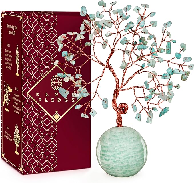 Crystal Tree of Life Birthday Gifts for Women, Handmade Home Decor, Office, Room Decoration, Amazonite Healing Crystal Chakra Tree for Money, Positivity, Reiki, Good Luck Gifts for Her, Mom & Dad