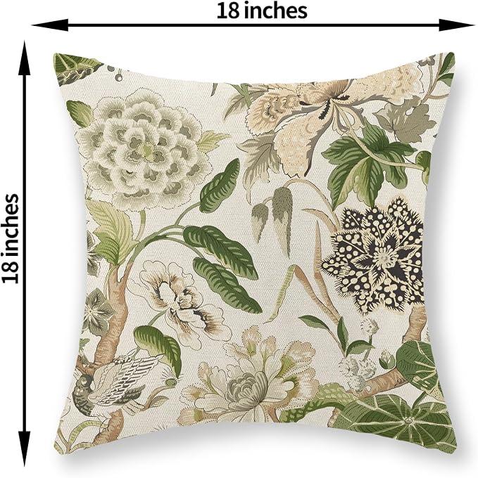 Green Pillow Covers 18x18 Inch Set of 2 Vintage Green Floral Throw Pillows Chinoiserie Flower Decorative Pillow Cases Outdoor Linen Farmhouse Cushion Covers for Couch Sofa Decorations