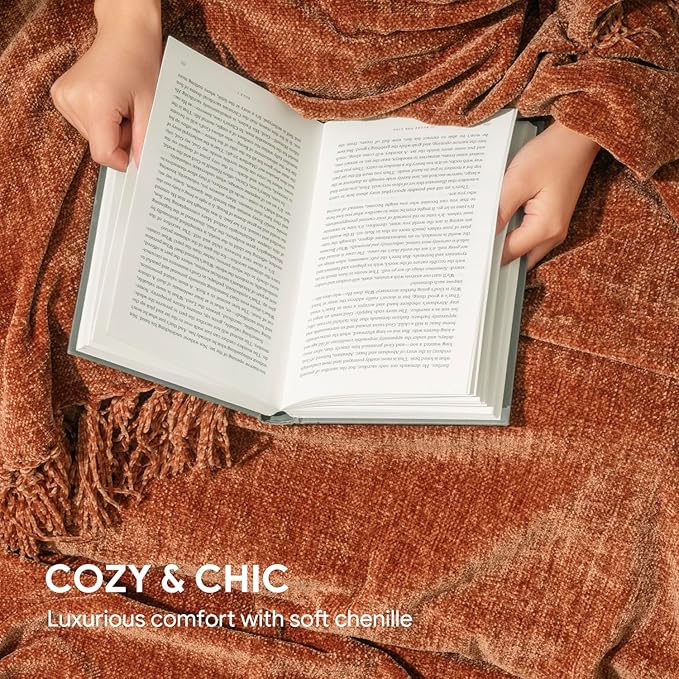 RECYCO Chenille Throw Blanket for Couch, 60"x80", Rust | Super Soft Knit Throw Blanket with Fringe Tassels, Lightweight Knitted Throw, Cozy, Ideal for Sofa Chair Bed Living Room Gift