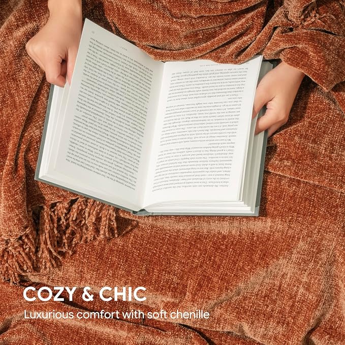 RECYCO Throw Blanket Soft Cozy Chenille Throw Blanket with Fringe Tassel for Couch Sofa Chair Bed Living Room Gift (Rust, 50" x 60") | Super Soft Knit Throw Blanket with Fringe Tassels, Lightweight Knitted Throw, Cozy, Ideal for Sofa Chair Bed Living R...